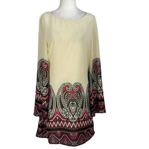 Pink OWL CREAM PAISLEY PRINT BELL SLEEVE CUTOUT BACK SHIFT BOHO DRESS MEDIUM EUC